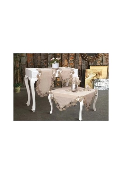 Çeyizlik Flowers Model Kapiçino 5 Parça Keten Dantelli Masa Örtüsü Runner Seti Bzckh1355 Çok Renkli
