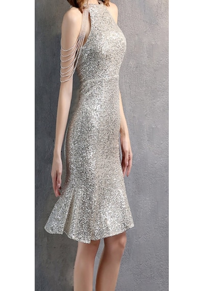 Hanife Glam Couture Hanife Glam Boncuk Detaylı Pulpayet Abiye Elbise Gümüş