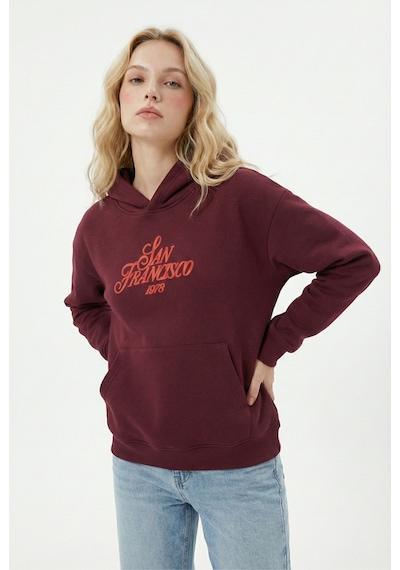 Uyguntarz Unisex Yumuşak Dokulu San Francisco Baskılı Tasarım Oversize 3 İplik Hoodie Sweatshirt Bordo