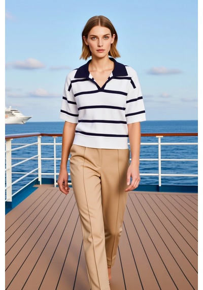Benerly Kadın Bluz Triko Polo Yaka Kısa Kol Çizgili Crop Boy Regular Kalı Lacivert