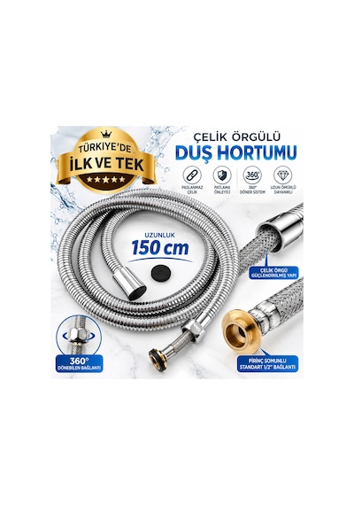 Çelik Flex Sargılı Duş Hortumu 150 Cm Paslanmaz Çelik Örgülü 360 Döner Sistem ½" Gümüş