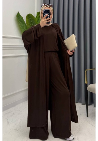 Balenbi Kadın Penye Uzun Hırka Bluz Geniş Paça Pantolon Abaya Takım 1217 Kahverengi