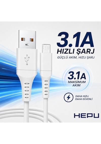 Hp-nyk003 Nova Series Usb-a To Micro Usb 3.1a Hızlı Şarj Ve Veri Transfer Kablosu 1 Metre Micro Usb Destekli Android Cihazlar Powerbank Ve Hoparlörler İle Uyumlu Beyaz