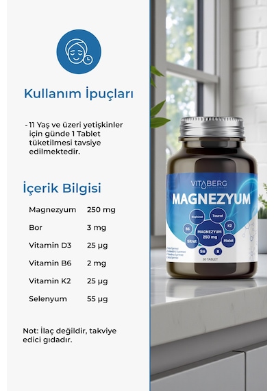 Vitaberg Magnezyum Bisglisinat, Taurat, Sitrat, Malat + K2, B6, Bor, Selenyum