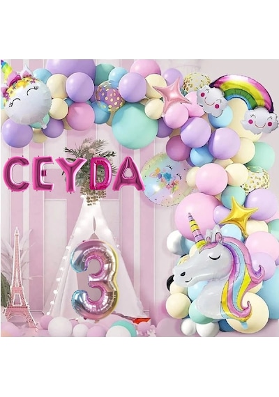 5 Harfli Yaş Seçenekli Gökkuşağı Konseptli Unicorn Temalı Makaron Balon Doğum Günü Parti Kutlama Seti 7