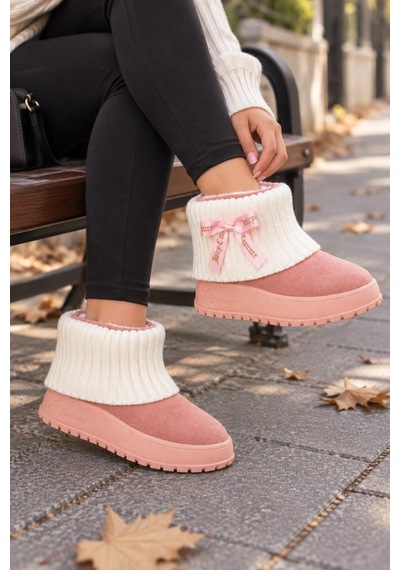 Moda Onn Genç Kız Örgü Detaylı Şık Kışlık Bot Rahat Ve Günlük Kullanım Pembe