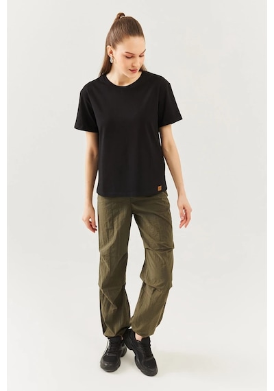 Kadın Rahat %100 Pamuklu Penye Bisiklet Yaka Kısa Kol Basic T-shirt SIYAH