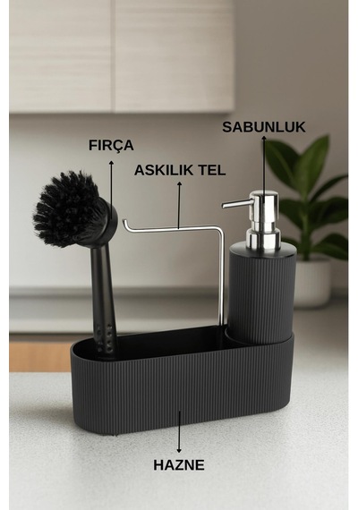 Siyah Çok Amaçlı Sabunluk Mutfak Lavabo Düzenleyici Set-plastik Çizgili Sabunluk Siyah