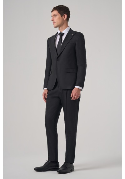 Morven Erkek Siyah Yünlü Trend Çizgili Slim Fit Sivri Yaka Takım Elbise 26mc001042001 Siyah