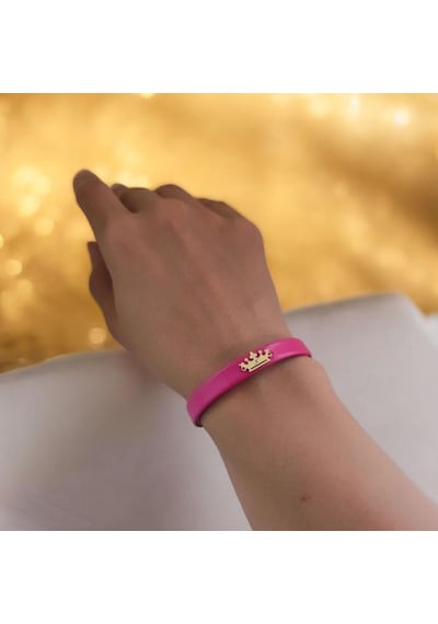 X Harfine Özel Doğal Pembe Derili Taç Motifli 14 Ayar Altın Plakalı Hediye Bileklik-495harf X