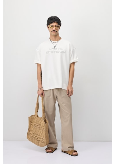 Vamos Oversize Baskılı Tişört V70-184 Ekru