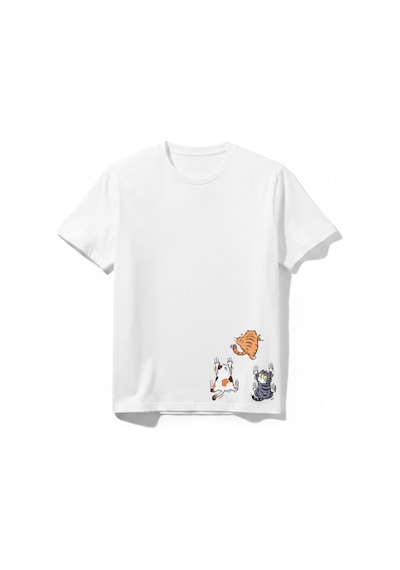 Urbantrendstore Kedi Temalı Kız Çocuk Erkek Çocuk Unisex Bisiklet Yuvarlak Yaka Basic Kısa Kollu %100 Pamuk Tişört Beyaz