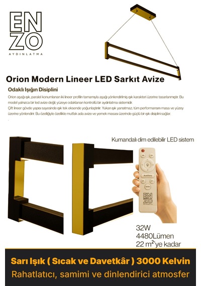 Orion Gold Lineer Led Sarkıt Avize Kumandalı Dim Edilebilir Yukarı & Aşağı Işık Sarı Işık
