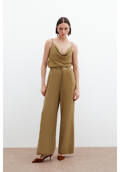 Sateen Kemerli Salaş Pantolon - Haki-136066 Haki