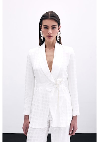 Sateen Kare Desenli Kuşaklı Ceket - Ekru-135791 Ekru
