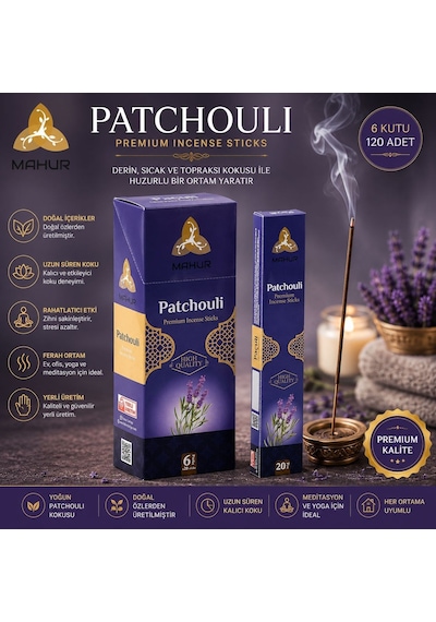 Mahur Patchouli Paçuli Tütsü 120 Adet 6 Kutu X 20 Çubuk, Premium Kokulu Çubuk Tütsü, Ev Ofis Yoga Ve Meditasyon İçin O