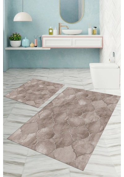 Buççin Online Mağaza Dijital Baskılı Yıkanabilir Kaymaz Taban Kupa Desenli Banyo Paspası Klozet Takımı Polyester Kahveren Çok Renkli