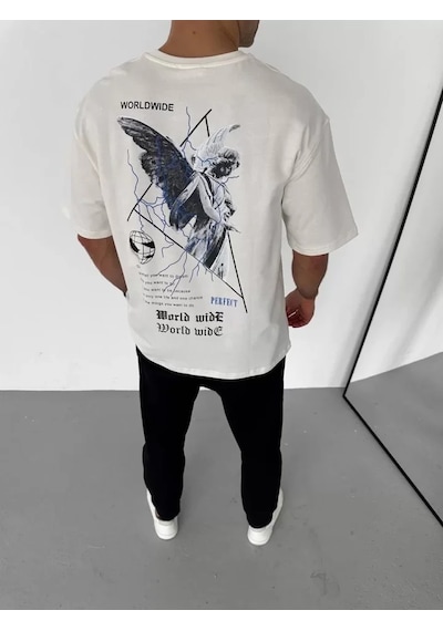 Modi Unisex Bisiklet Yaka Baskılı Oversize T-shirt - Beyaz - Mymg106743