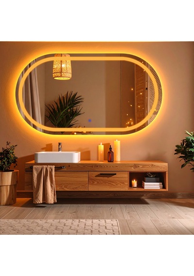 Ovanta Amber Led'li Lazer Kumlamalı Lavabo & Banyo Aynası Dokunmatik Sensörlü 70 X 40 Cm Turuncu