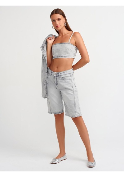 50735 Askılı Kısa Denim Straplez-gri Altın - Beyaz