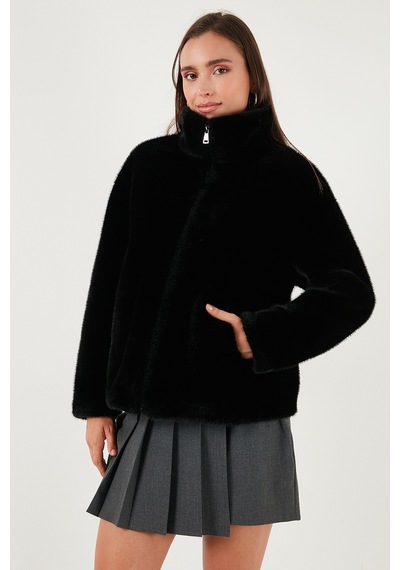 Lela Oversize Fit Dik Yaka Fermuarlı Bayan Kürk 497Zeta Siyah