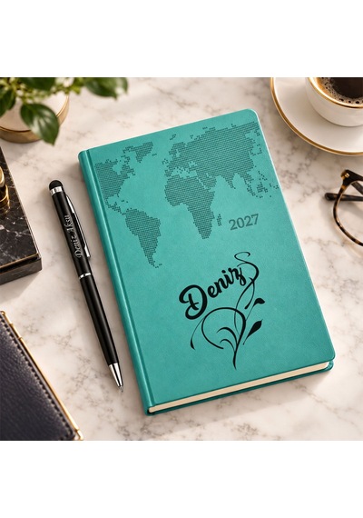 Bk Gift Kişiye Özel 378 Termo Deri Tarihli Ajanda & Siyah Touch Pen Tükenmez Kalem-5 Turkuaz
