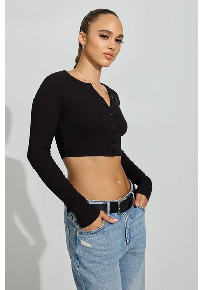 Madmext Siyah Uzun Kollu Düğmeli Kaşkorse Crop Hırka Mg2193 Siyah
