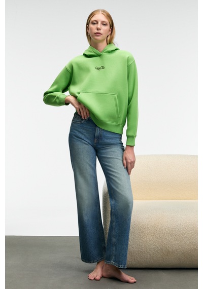 ETHIQUET ME UREA Kadın Nakışlı Kapüşonlu Comfort Fit Fıstık Yeşili Sweatshirt