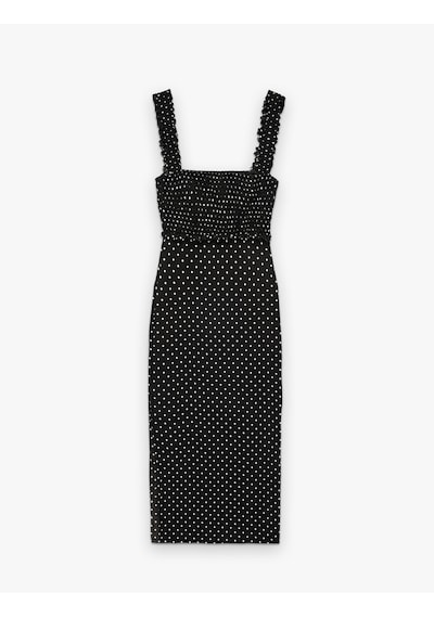 Koton Kare Yaka Slim Fit Kalın Askılı Gipeli Midi Puantiyeli Elbise Siyah Desenli 6sal80026ık