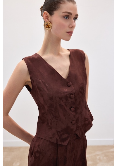 Sateen Jakarlı Yelek - Kahve-136838 Kahve