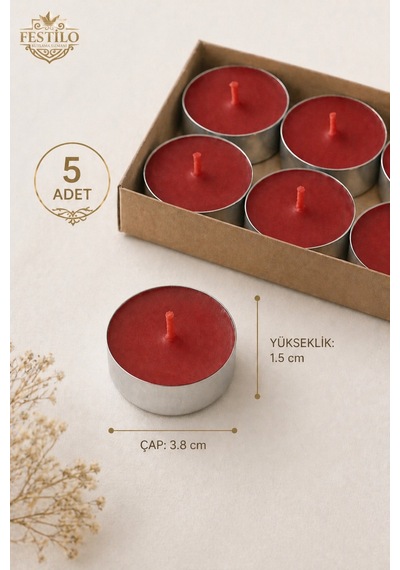 Tealight Mum 5 Adet Kalp Kırmızı Yuvarlak Kırmızı Beyaz Dekoratif Mum Kırmızı Yuvarlak
