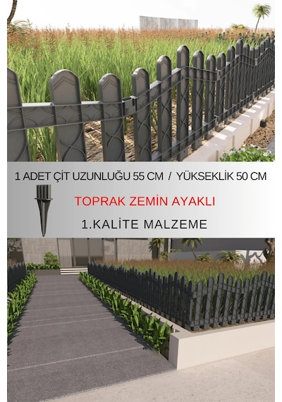 Dekoratif Plastik Bahçe ve Peyzaj Çiti 10 Adet ÇİT (Y: 50 CM / G: 5.5 M) Toprak Ayaklı - Antrasit Gri