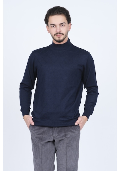 Woolen World Erkek Desenli Yarım Balıkçı Triko Yün Kazak 5596983 Lacivert