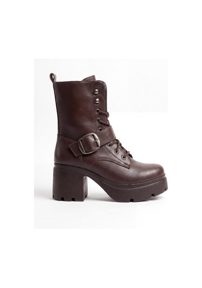 V.s.h Velvet Hayka Yüksek Tabanlı 8 Cm Tokalı Bağcıklı Kadın Kahverengi Bot-2559