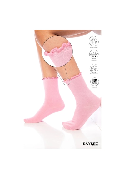 Saysez Bambu Kadın Lastiksiz Pembe Fırfırlı Soket Dikişsiz Premium Çorap / Iz Bırakmaz / Sıkmayan Çorap Renkli