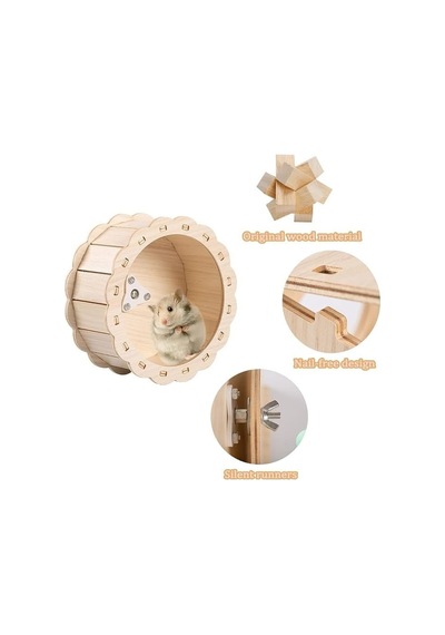 Hamster Evi Ve Koşu Tekerleği Seti - Ahşap Çok Katlı Yuva Merdivenli Oyun Parkı Ve Sessiz Koşma Çarkı