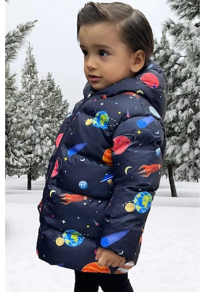 Freemen Erkek Çocuk Polarlı Kapüşonlu Gezegen Yıldız Desenli Kışlık Şişme Mont & Kaban & Parka Siyah