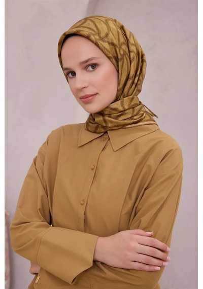 BELLİ Geometrik Desen İpek Twill Eşarp 4221d01 Hardal