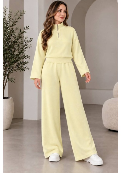 Aymiraa Kadın Triko İkili Takım Fermuarlı Sweatshirt Geniş Paça Pantolon Salaş Oversize Rahat Günlük Takım Sarı Sarı Aymiraa Kadın Triko İkili Takım Fermuarlı Sweatshirt Geniş Paça Pantolon Salaş Oversize Rahat Günlük Takım Sarı Sarı