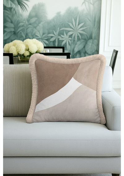 Modern Lüks Saçaklı Yastık Kılıfı - Geometrik Minimalist Bej Modern Püsküllü Kırlent Kılıfı Batımı Koyu Taba