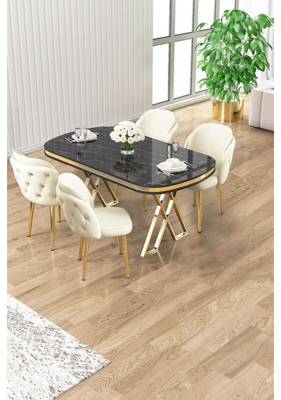 Canisa Zae Serisi 90x168 Lak Panel Siyah Mermer Desen Gold Ayak Masa Takımı 4 Krem Sandalye Siyah Mermer Masa Krem Sandalye Canisa Zae Serisi 90x168 Lak Panel Siyah Mermer Desen Gold Ayak Masa Takımı 4 Krem Sandalye Siyah Mermer Masa Krem Sandalye