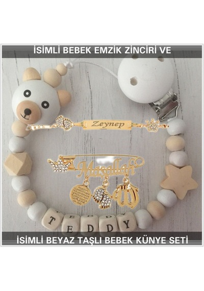 Sahi Aksesuar İsimli Bebek Emzik Zinciri Ve İsimli Bebek Künye Seti Bezyı704 Bebek Mavisi - Beyaz