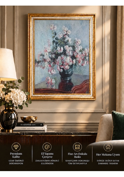 Gold Vintage Dekoratif Duvar Tablosu 60x80 Cm Monet Kasımpatı Çiçekleri Çerçeveli Tablo Klasik Natürmort Fine Art Salon Dekorasyonu