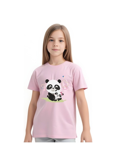 Panios Kids Mother Panda Baskılı Kız Çocuk Kısa Kollu T-shirt Açık Pembe