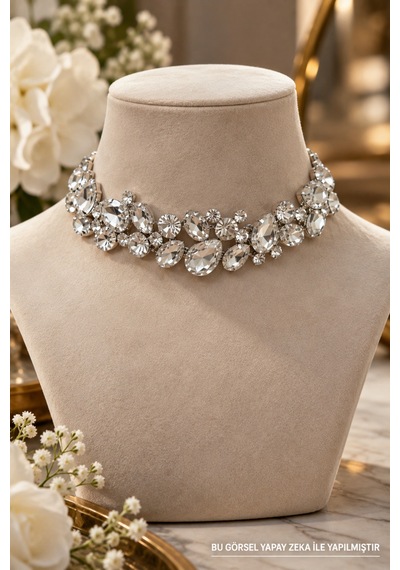 Taş Detaylı Kristal Choker Kolye Zarif Ve Şık Kadın Takı Gümüş - 932138920 Gümüş
