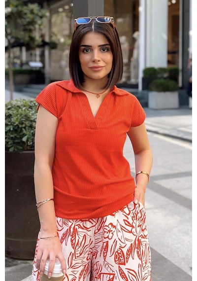 Mercan Polo Yaka, Kısa Kol, Fitilli Kaşkorşe Kumaş, Basic Kesim, Spor Ve Günlük Bluz & T-shirt MERCAN
