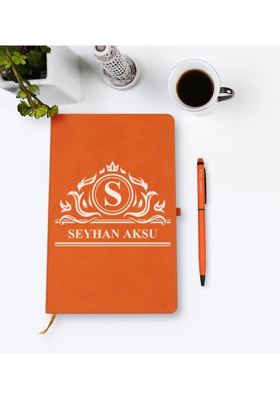 Kişiye Özel İsimli Turuncu Termo Deri Defter Kalem Seti Model 12