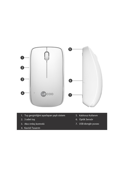 Lecoo WS208 Kablosuz 1200 DPI 3 Tuşlu Sessiz USB Mini Alıcılı Optik Mouse