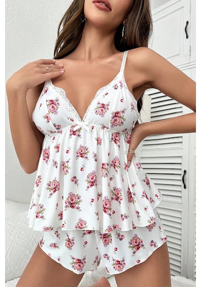 Merry See İnce Askılı Çiçekli Dantel Detay Şortlu Pijama Takım Gecelik Beyaz