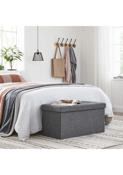 Saklama Alanlı Oturma Bankı, Oturma Sandığı, Tabure, Saklama Kutusu, Ayak Koyma Yeri, Katlanabilir, 300 Kg'a Kadar Taşıyabilir, 80 L, 76 X 38 X 38 Cm, Suni Keten, Koyu Gri, Spf47k